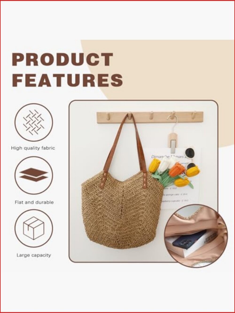 Straw Beach Tote Bag Summer Woven Handmade Shoulder Bucket Purse - Picture 5 of 6